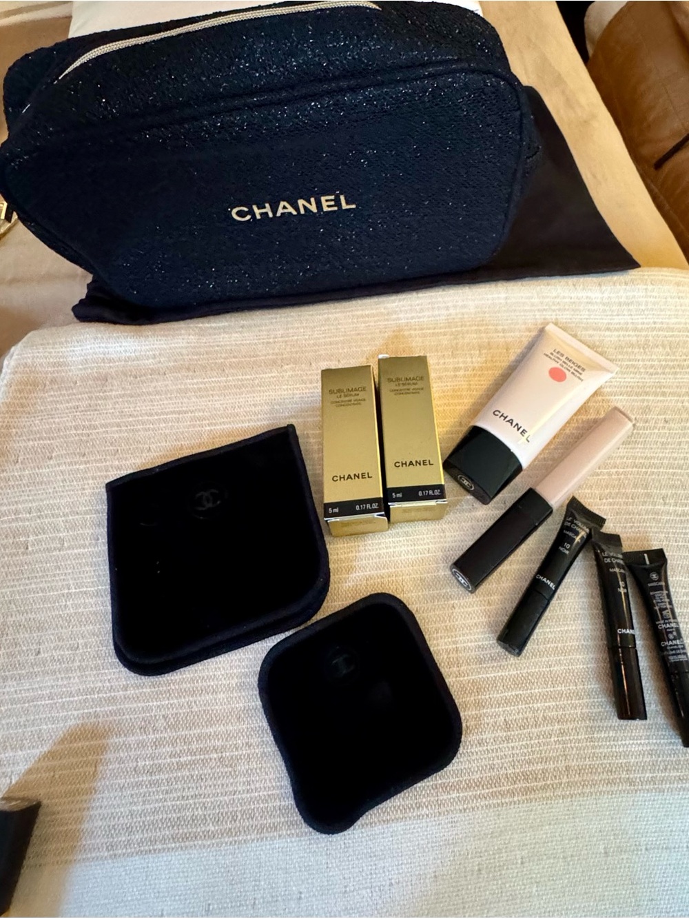 CHANEL Black Cosmetic Pouch with Gold Logo and Assorted Makeup - Picture 3 of 6